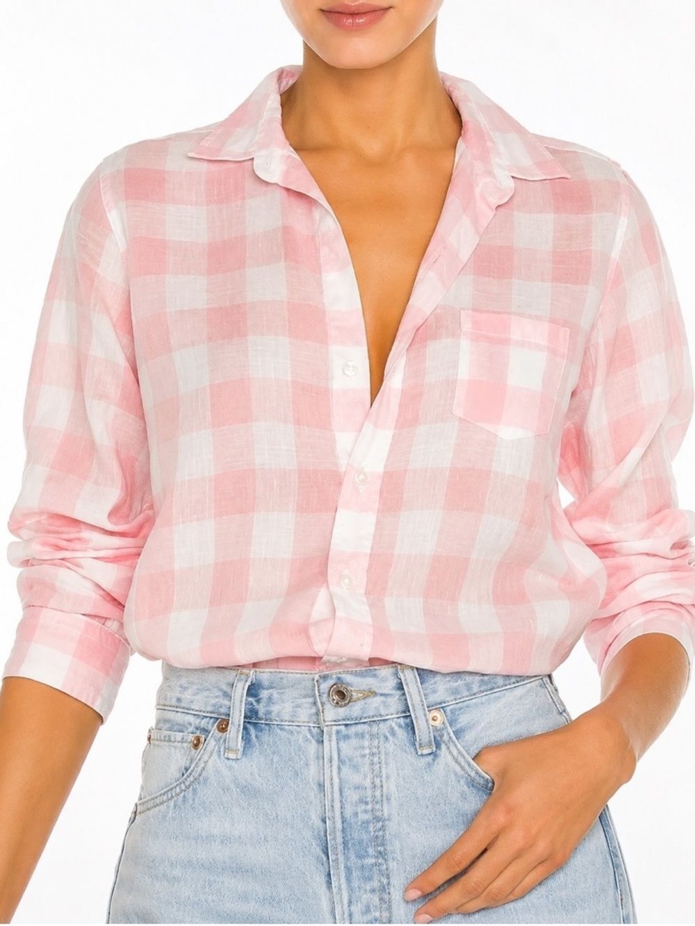 Frank & Eileen Barry Linen Woven Button Up Shirt Long Sleeve Pink Gingham XS